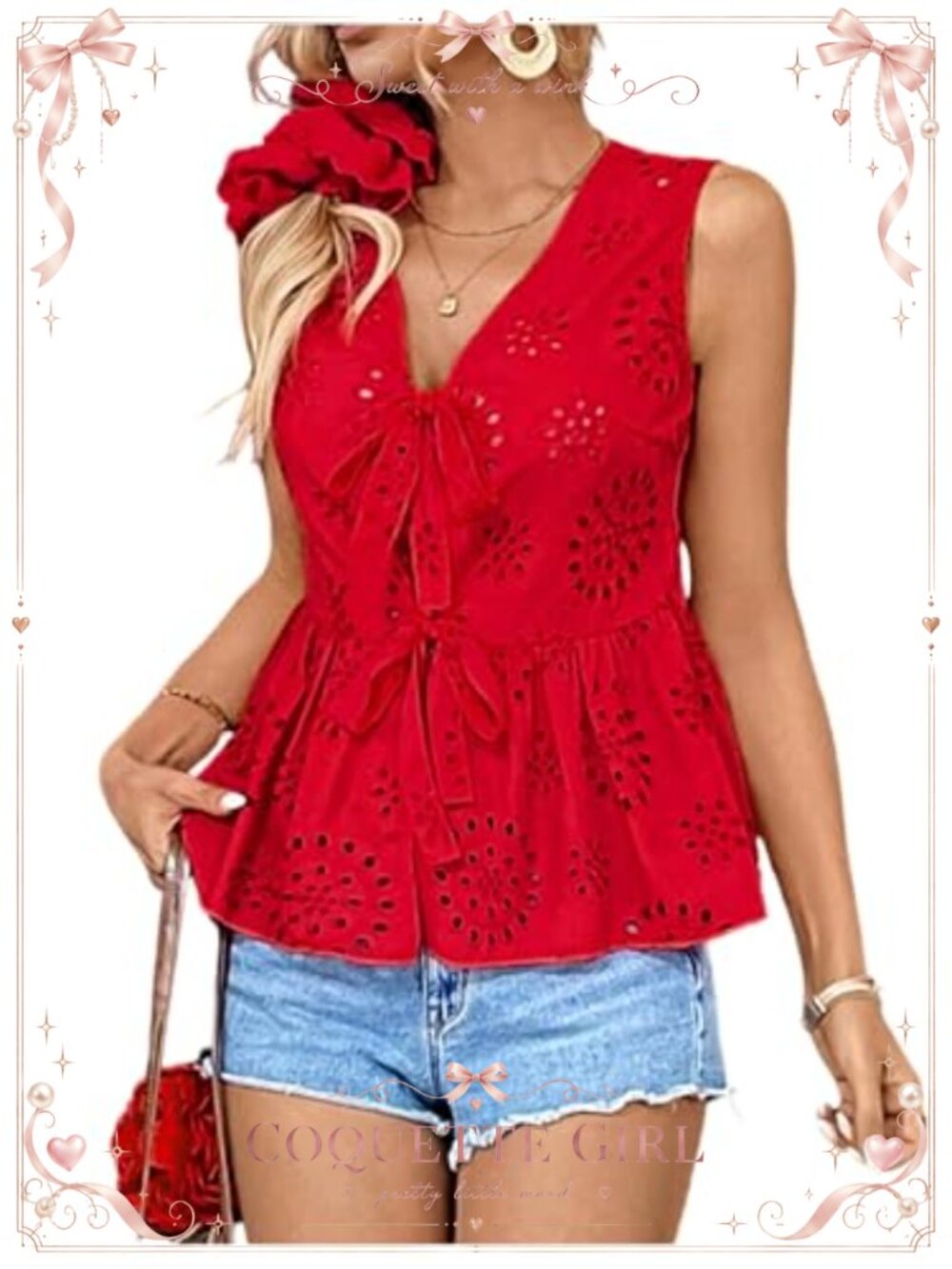 Women's Bow Tie Front Eyelet Embroidery Sleeveless Blouse Ruffle Hem Dressy Top